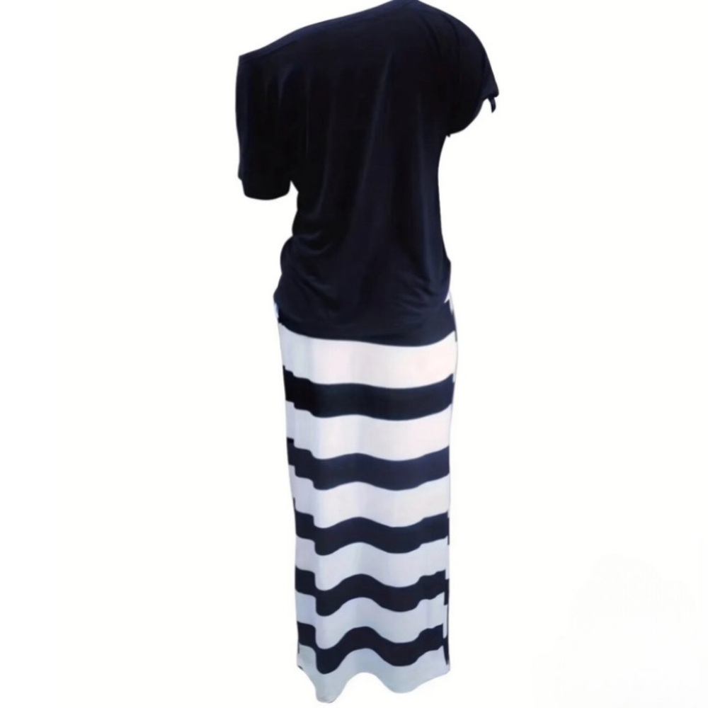 NEW Slanted Shoulder “Faith” Print T-shirt & Drawstring Stripe Skirt Set - Picture 2 of 3